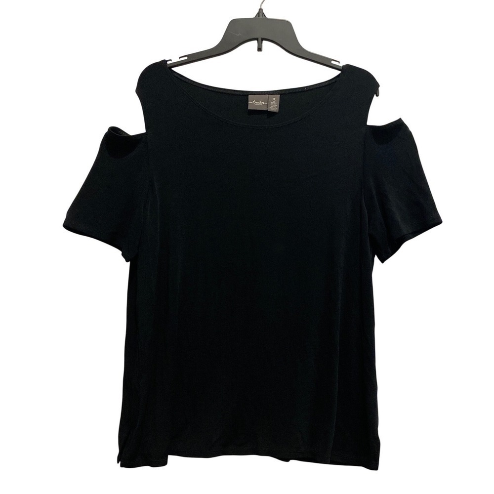 Chicos Travelers Womens Black Cold Shoulder Top Short Sleeve Scoop Neck Size 3